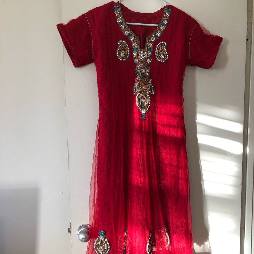 Festive net dress with stone work and scarf